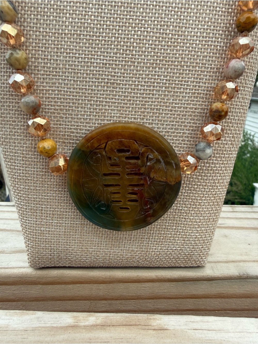 Gold Tone Crystal & Stone Beaded Necklace with Carved Jade Pendant & Earrings - Picture 3 of 5